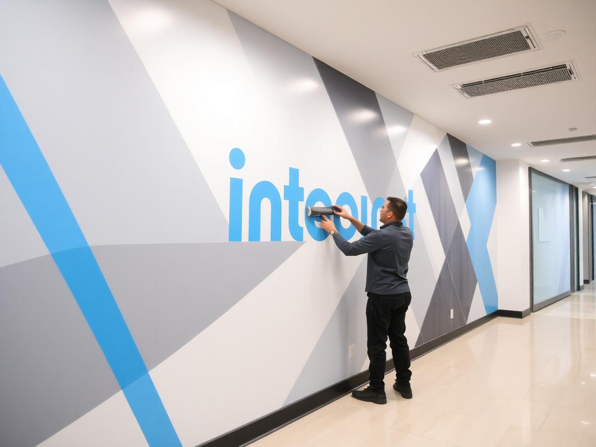 Printed wall vinyl mural installation in a corporate lobby